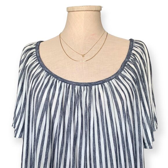 MAX STUDIO Shirred Flowy Blouse Pinstriped Off Shoulder Chic Top Soft Gray 2X - Picture 4 of 9